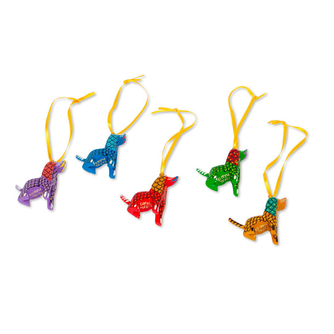 Painted Wood Alebrije Dog Ornaments (Set of 5) from Mexico - Sweet Puppies
