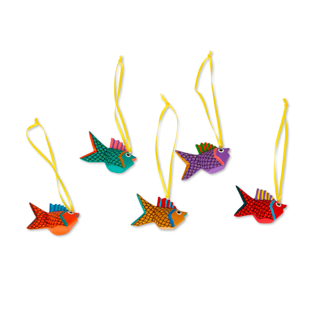 Painted Wood Alebrije Fish Ornaments (Set of 5) from Mexico - Sweet Fish