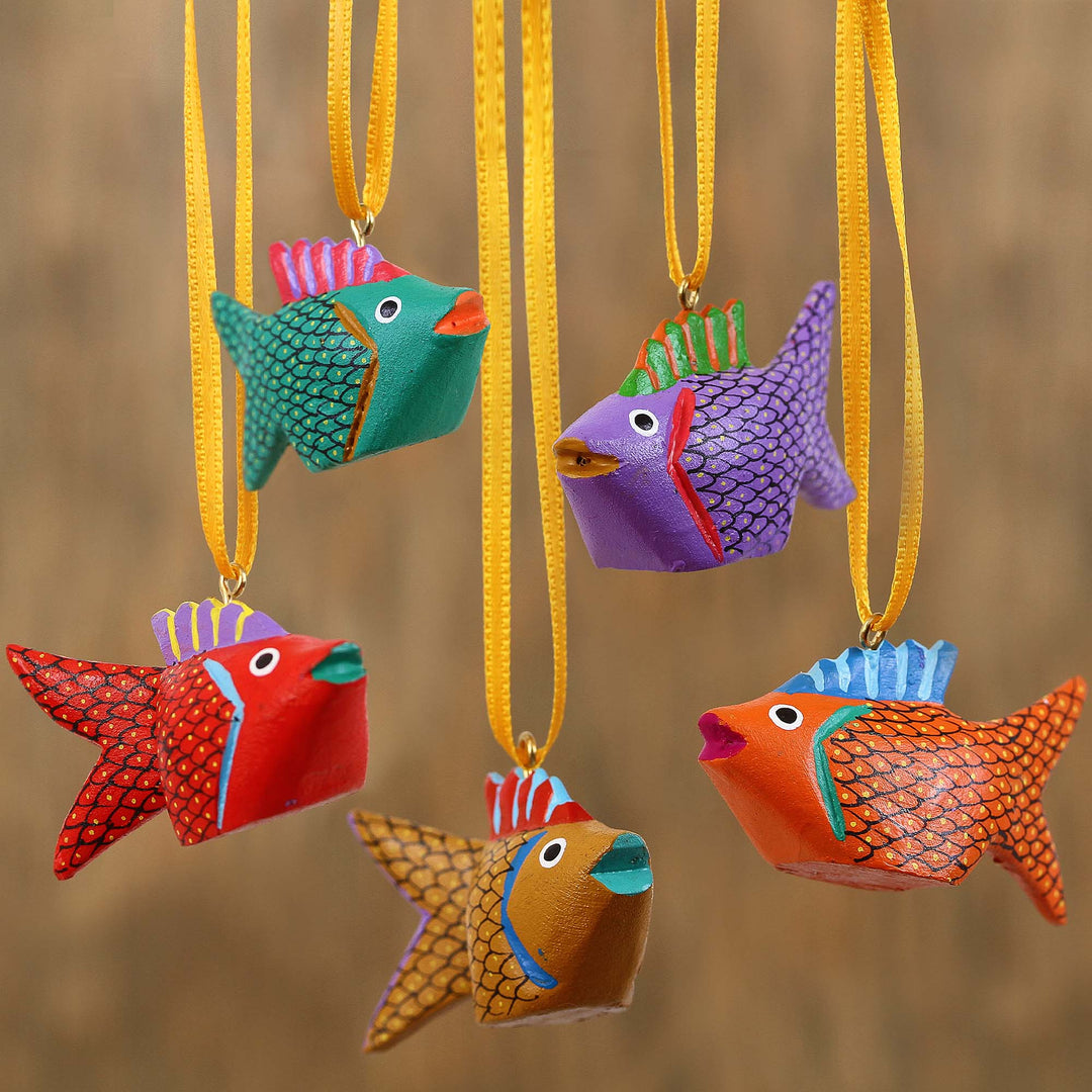 Painted Wood Alebrije Fish Ornaments (Set of 5) from Mexico - Sweet Fish