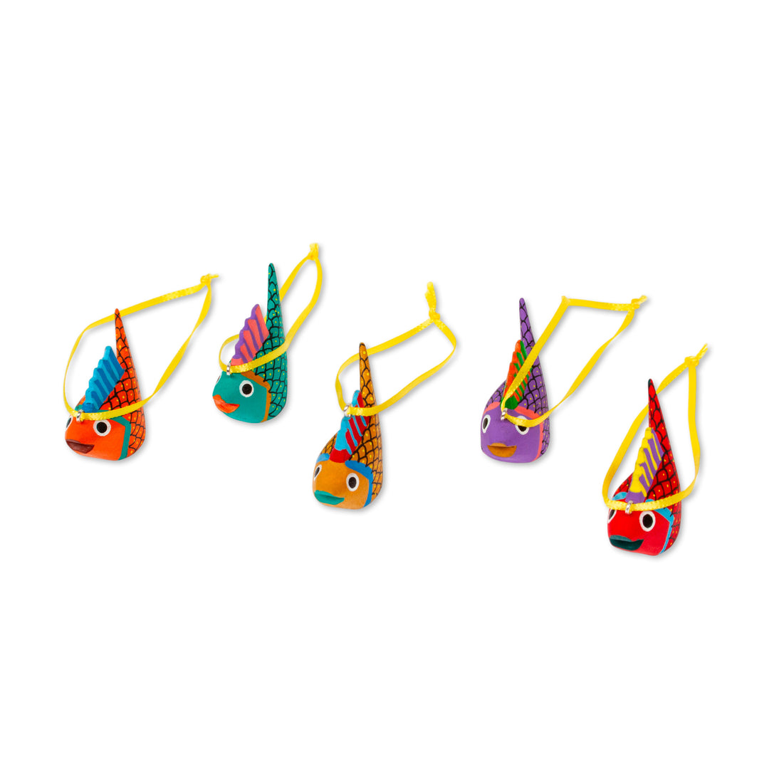Painted Wood Alebrije Fish Ornaments (Set of 5) from Mexico - Sweet Fish