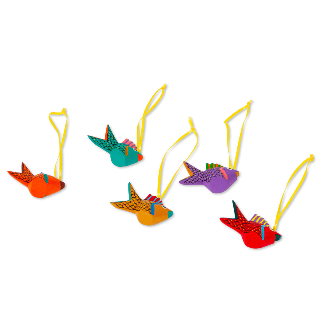 Painted Wood Alebrije Fish Ornaments (Set of 5) from Mexico - Sweet Fish