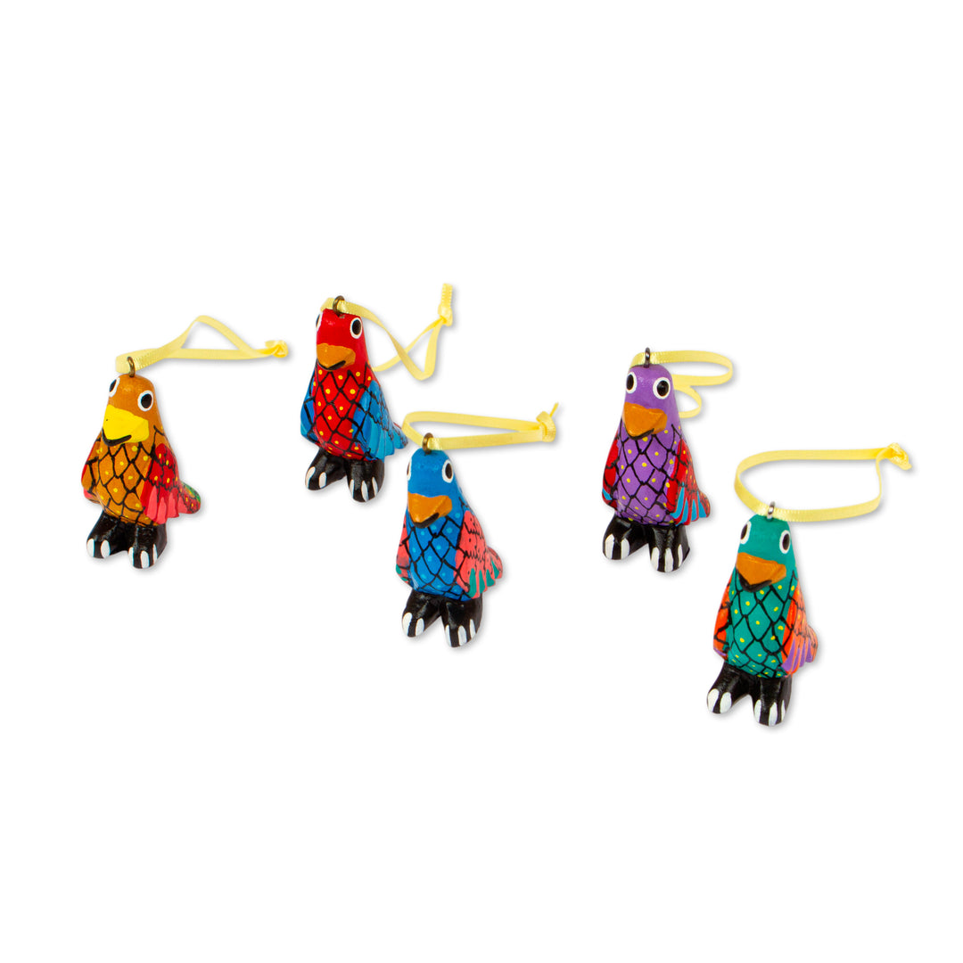 Wood Alebrije Penguin Ornaments (Set of 5) from Mexico - Sweet Penguins