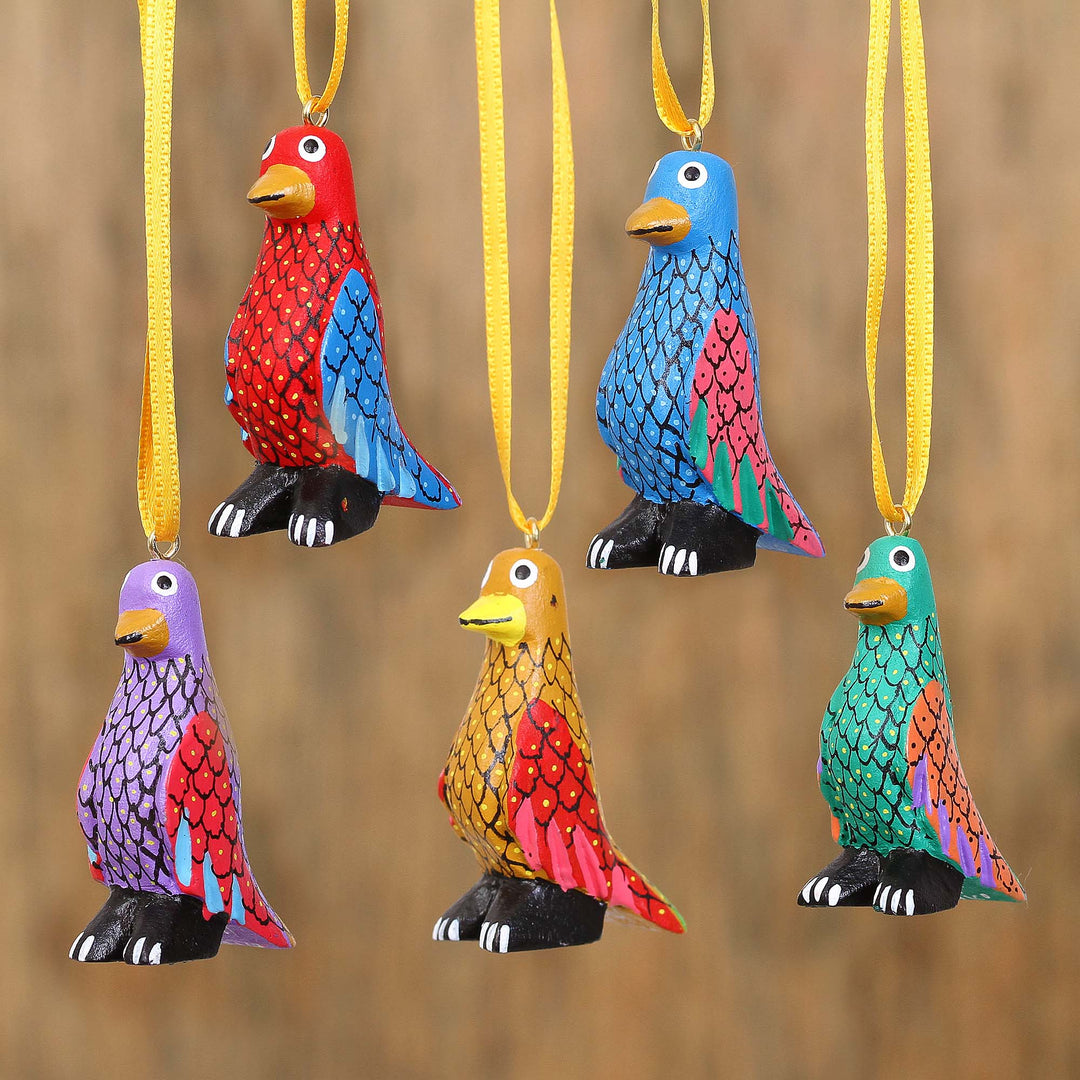 Wood Alebrije Penguin Ornaments (Set of 5) from Mexico - Sweet Penguins