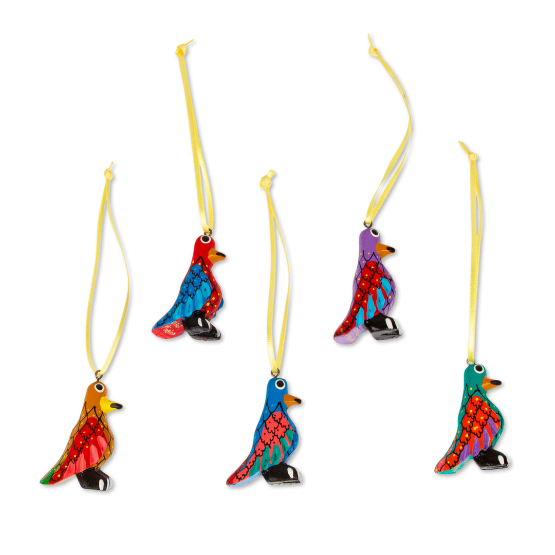 Wood Alebrije Penguin Ornaments (Set of 5) from Mexico - Sweet Penguins