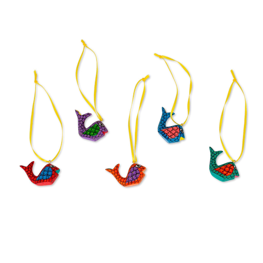 Painted Wood Alebrije Whale Ornaments (Set of 5) from Mexico - Sweet Whales