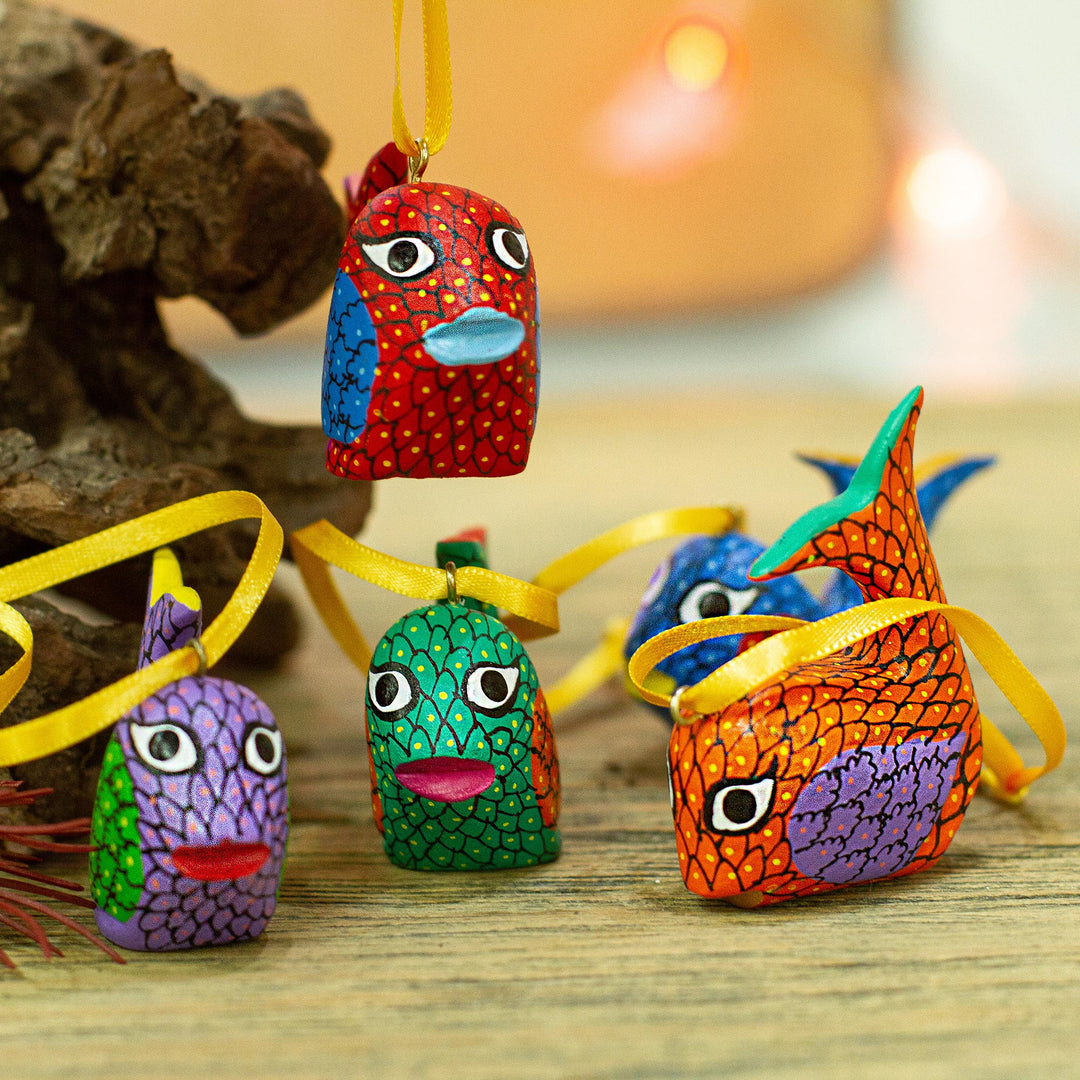 Painted Wood Alebrije Whale Ornaments (Set of 5) from Mexico - Sweet Whales