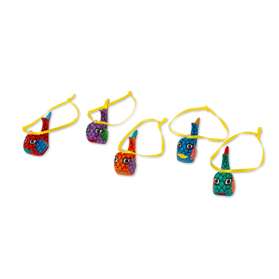 Painted Wood Alebrije Whale Ornaments (Set of 5) from Mexico - Sweet Whales