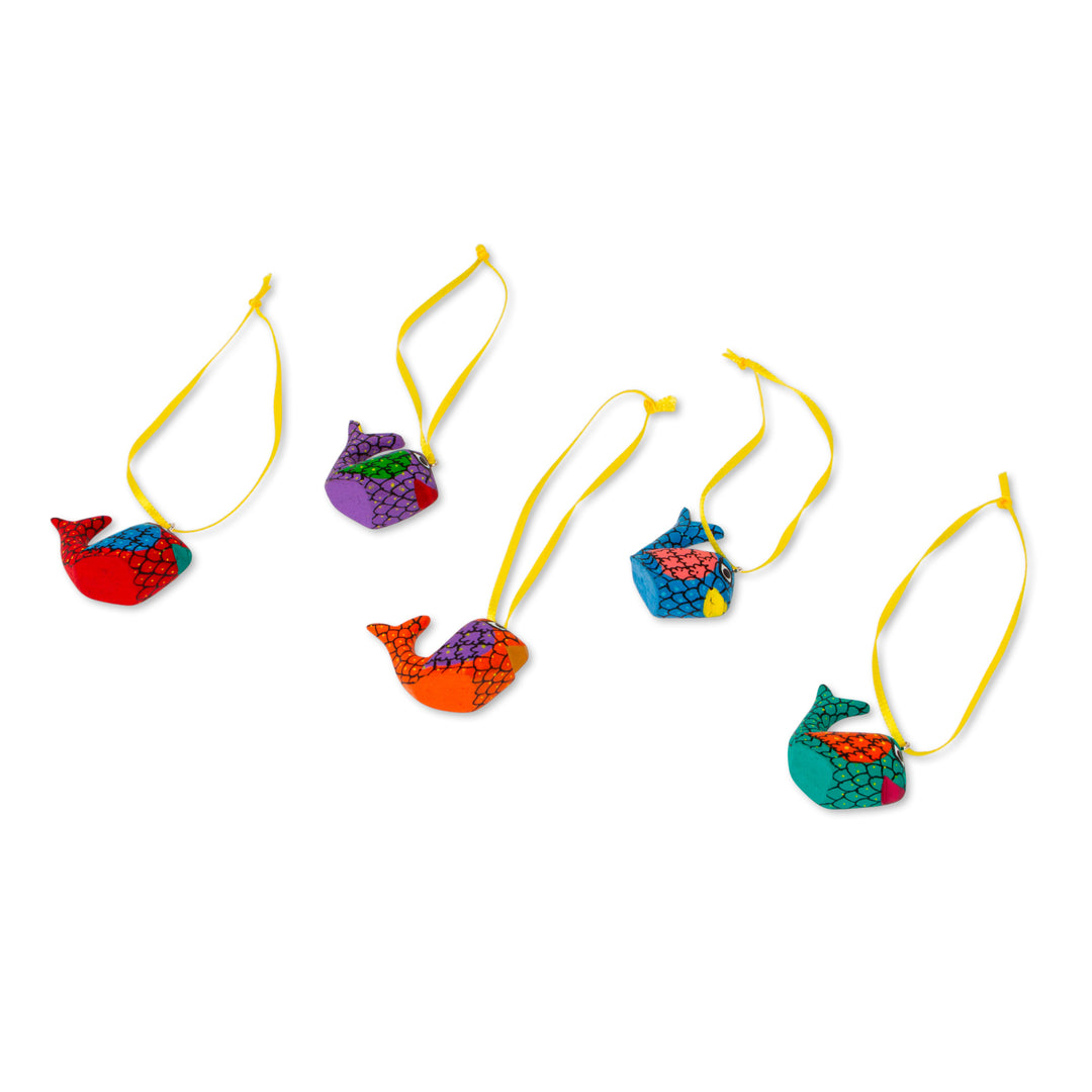 Painted Wood Alebrije Whale Ornaments (Set of 5) from Mexico - Sweet Whales
