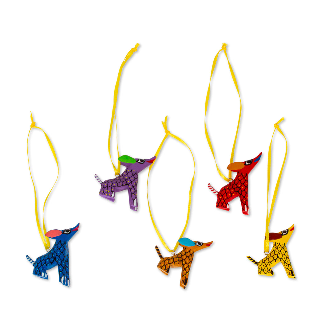 Wood Alebrije Coyote Ornaments (Set of 5) from Mexico - Sweet Coyotes
