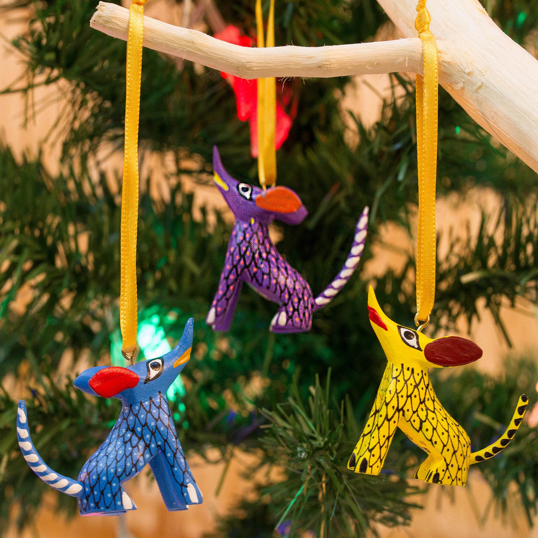 Wood Alebrije Coyote Ornaments (Set of 5) from Mexico - Sweet Coyotes