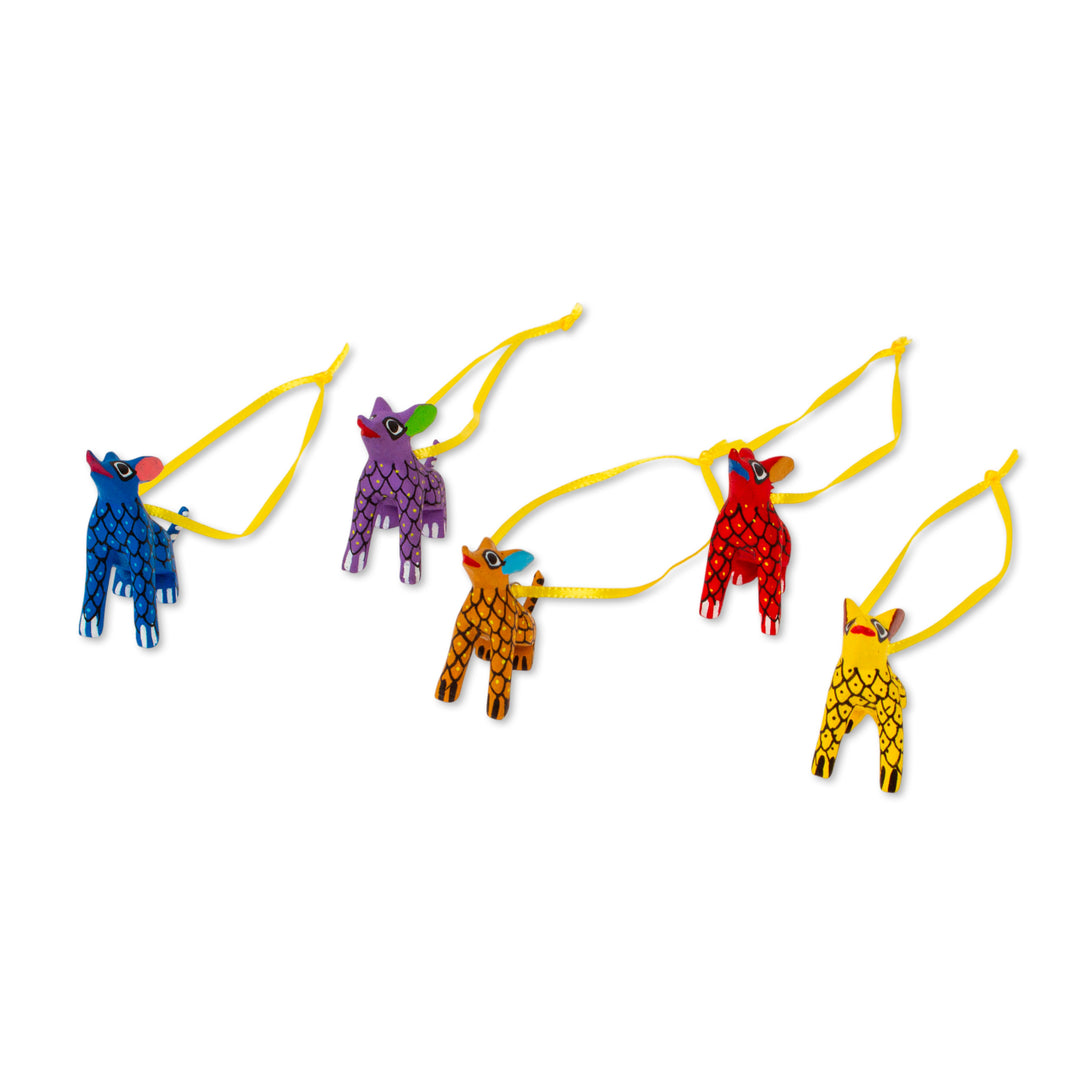 Wood Alebrije Coyote Ornaments (Set of 5) from Mexico - Sweet Coyotes
