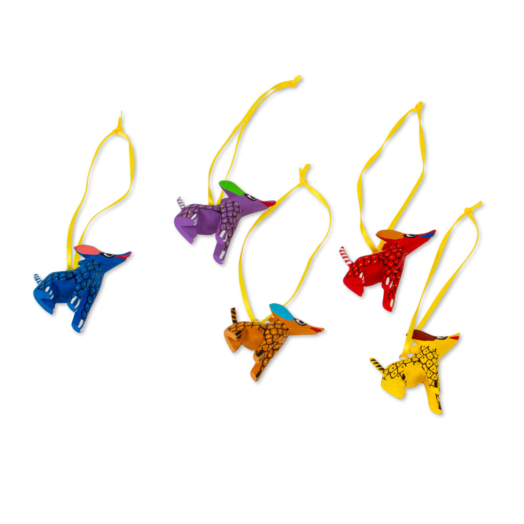 Wood Alebrije Coyote Ornaments (Set of 5) from Mexico - Sweet Coyotes