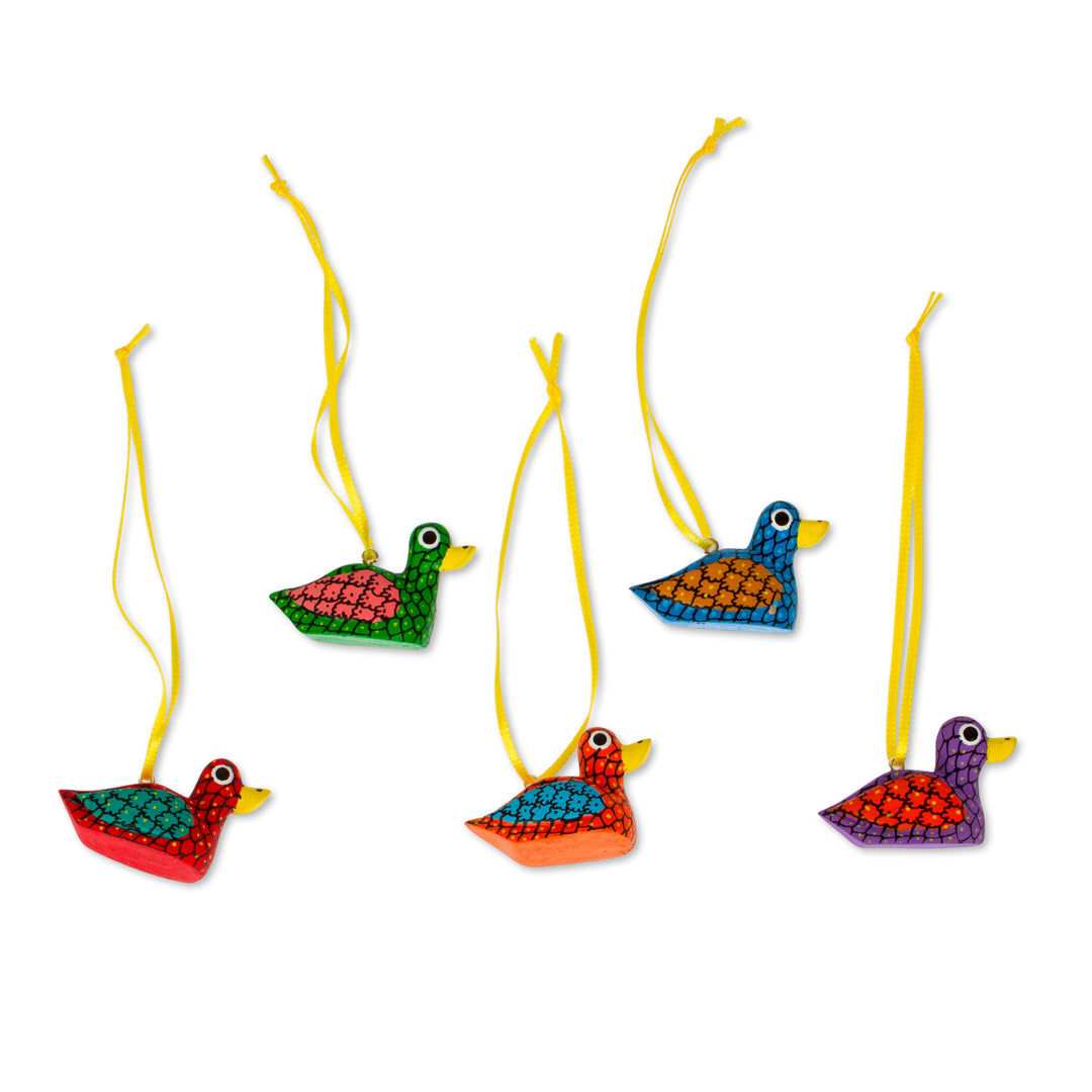 Painted Wood Alebrije Duck Ornaments (Set of 5) from Mexico - Sweet Ducks