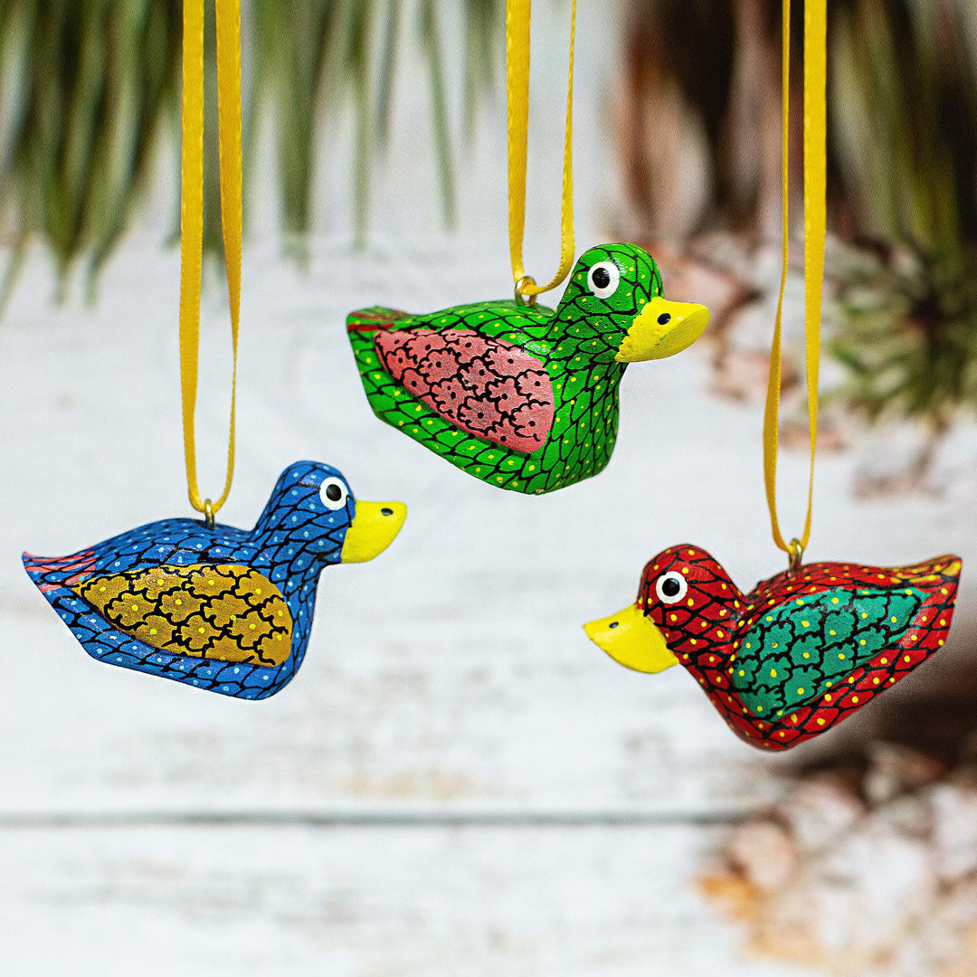 Painted Wood Alebrije Duck Ornaments (Set of 5) from Mexico - Sweet Ducks
