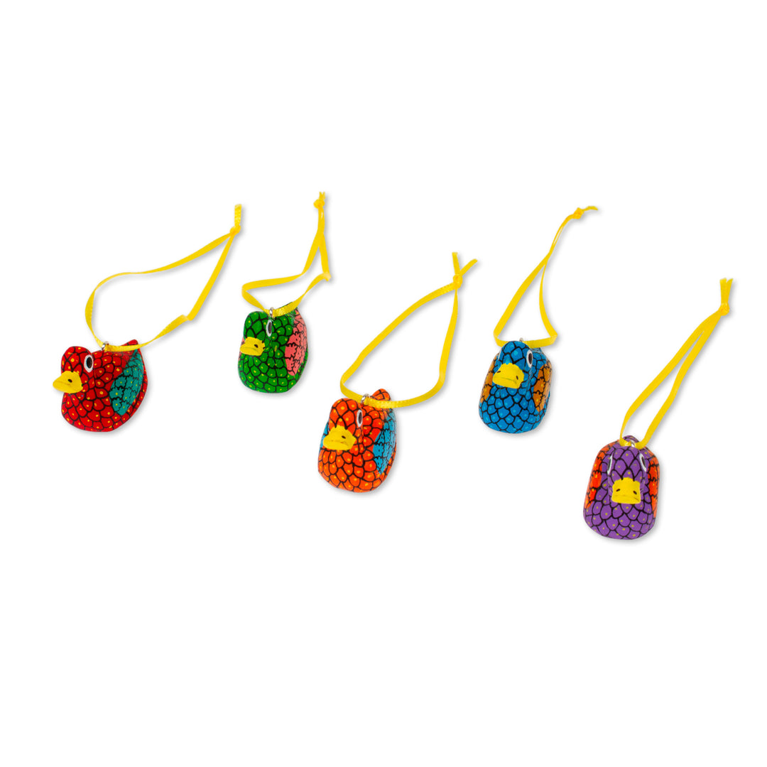 Painted Wood Alebrije Duck Ornaments (Set of 5) from Mexico - Sweet Ducks