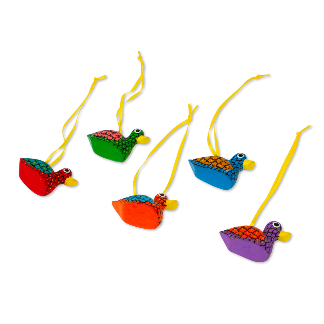 Painted Wood Alebrije Duck Ornaments (Set of 5) from Mexico - Sweet Ducks