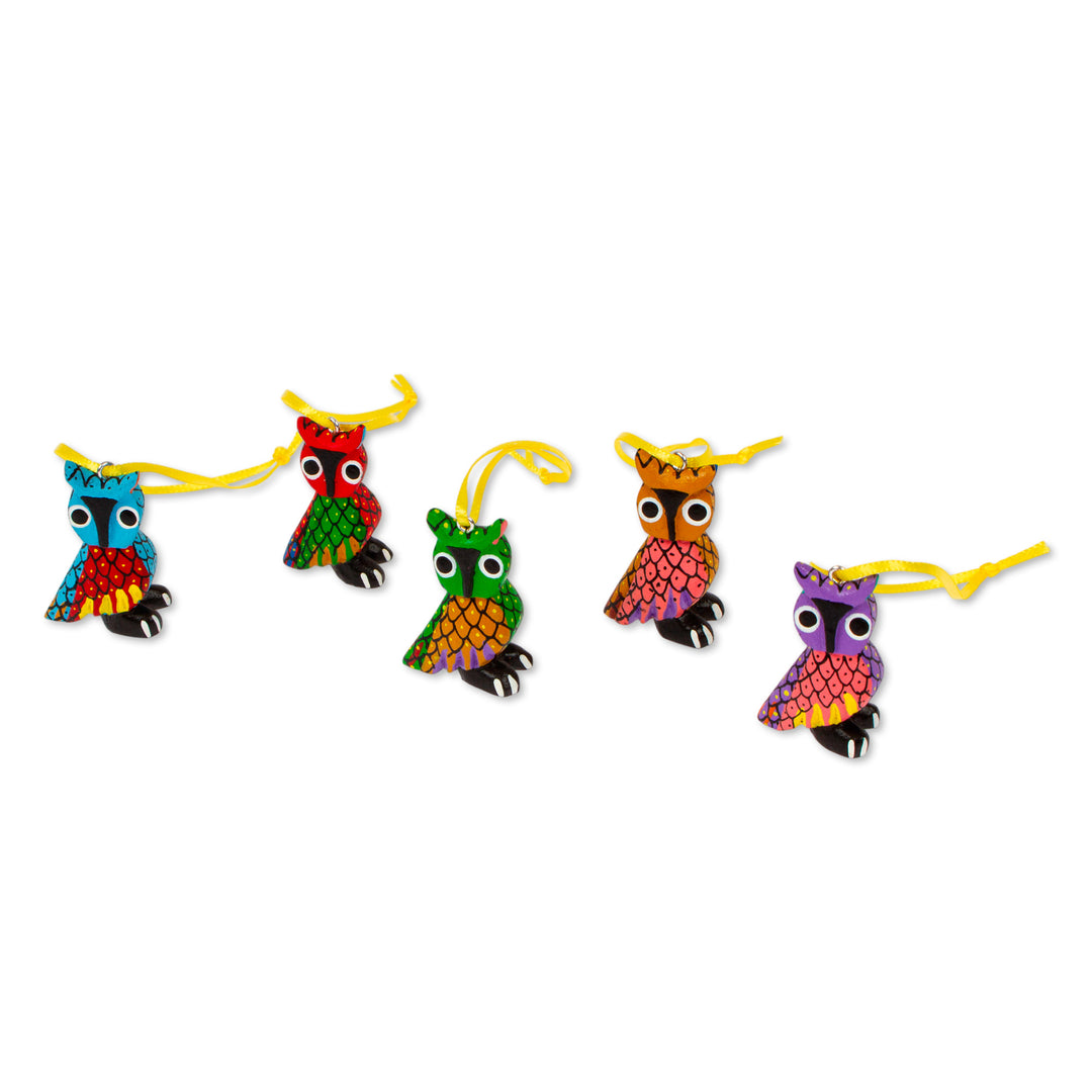 Painted Wood Alebrije Owl Ornaments (Set of 5) from Mexico - Sweet Owls
