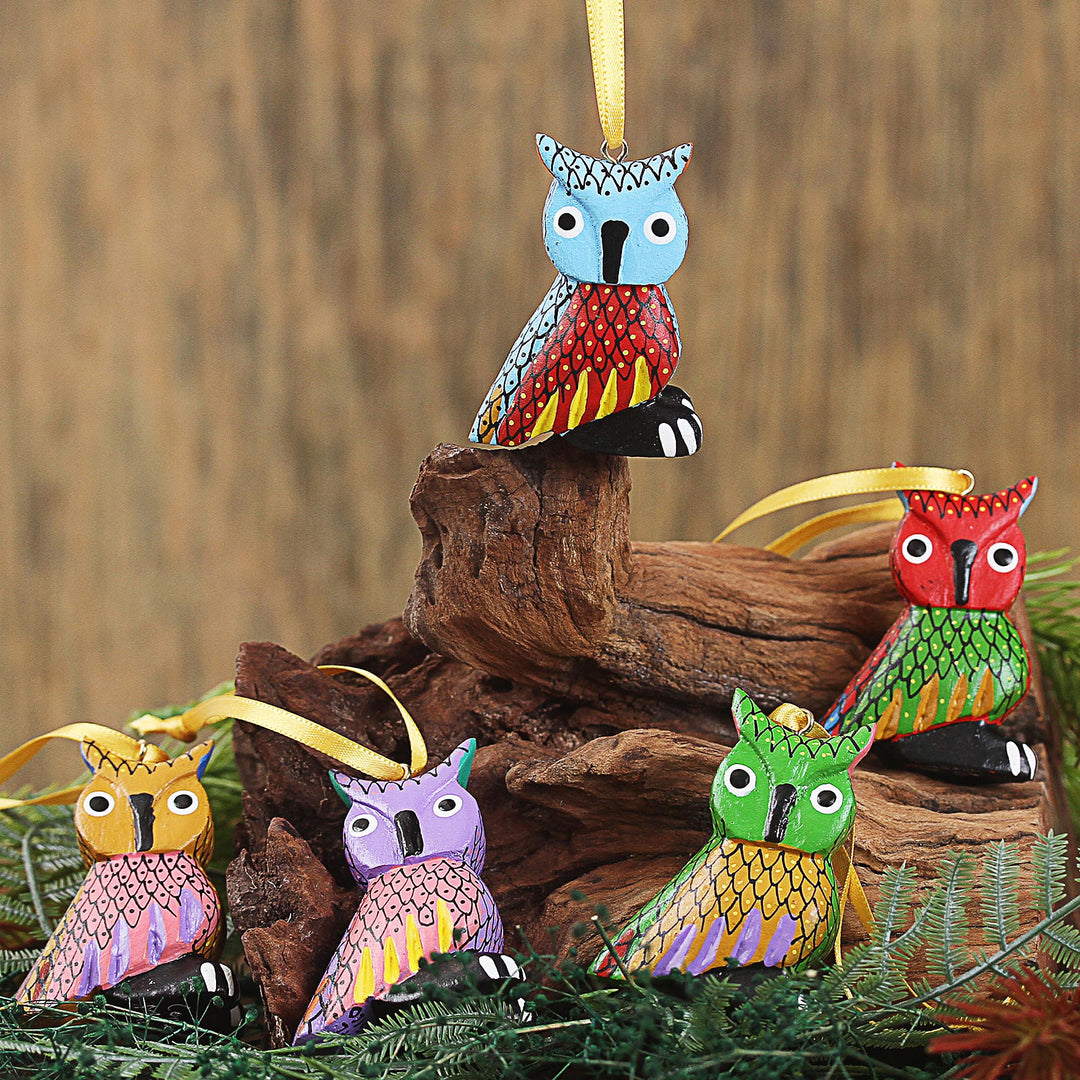 Painted Wood Alebrije Owl Ornaments (Set of 5) from Mexico - Sweet Owls