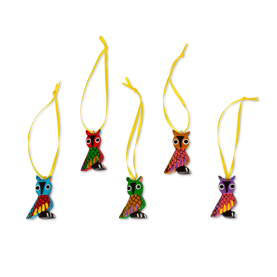 Painted Wood Alebrije Owl Ornaments (Set of 5) from Mexico - Sweet Owls