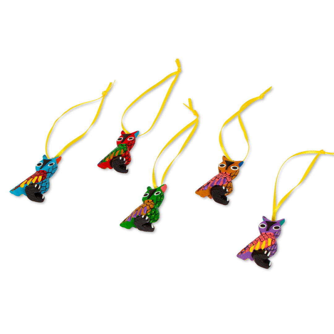 Painted Wood Alebrije Owl Ornaments (Set of 5) from Mexico - Sweet Owls