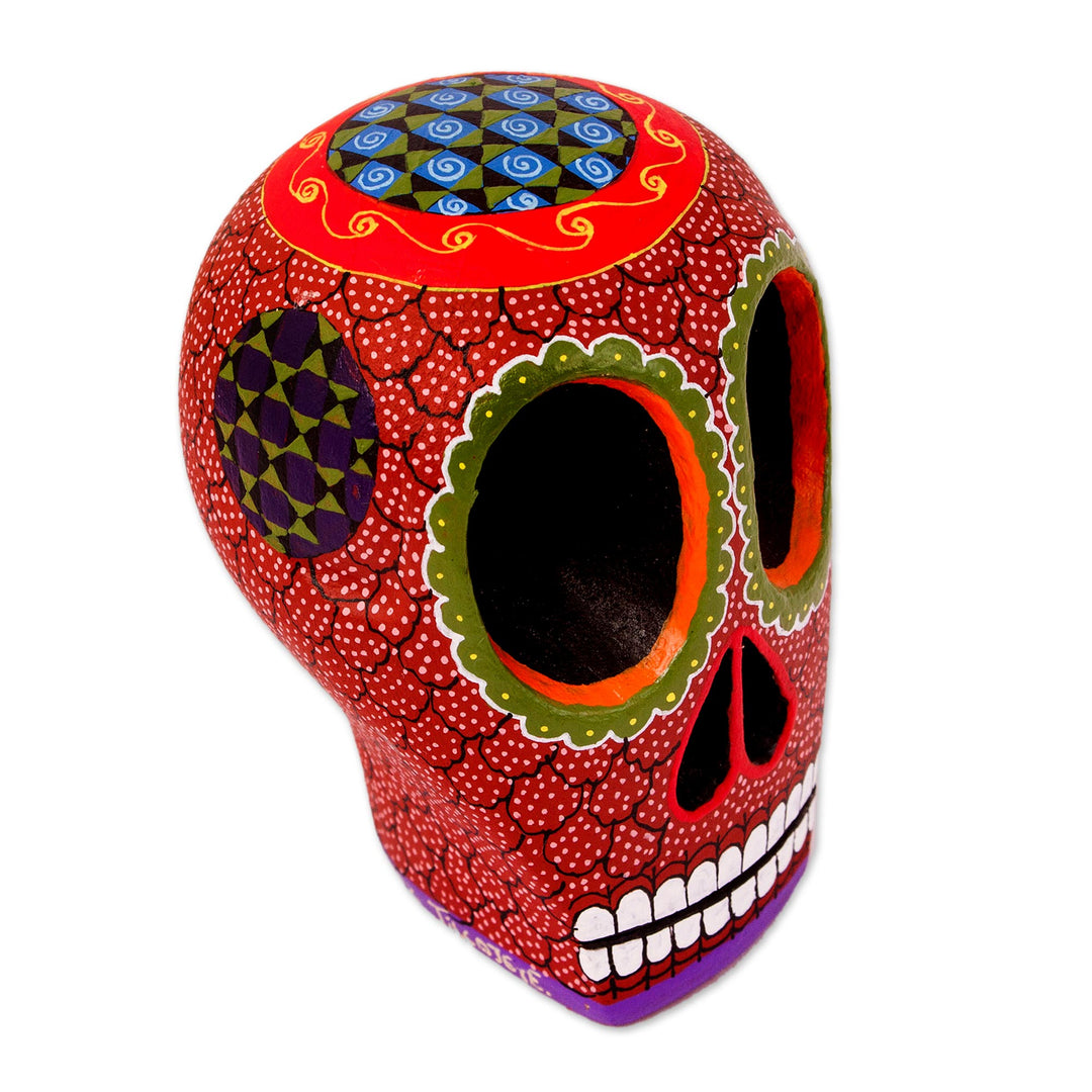 Mexican Hand Painted Terracotta Hue Wooden Skull Figurine - Death and Folklore