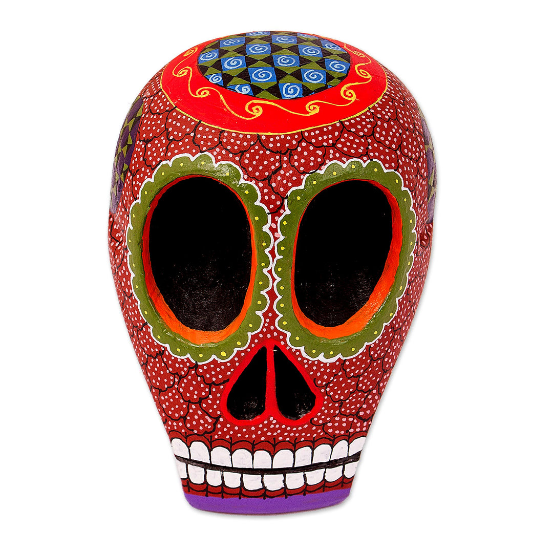 Mexican Hand Painted Terracotta Hue Wooden Skull Figurine - Death and Folklore