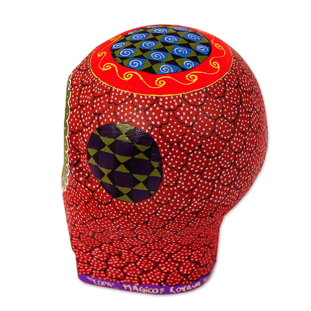Mexican Hand Painted Terracotta Hue Wooden Skull Figurine - Death and Folklore