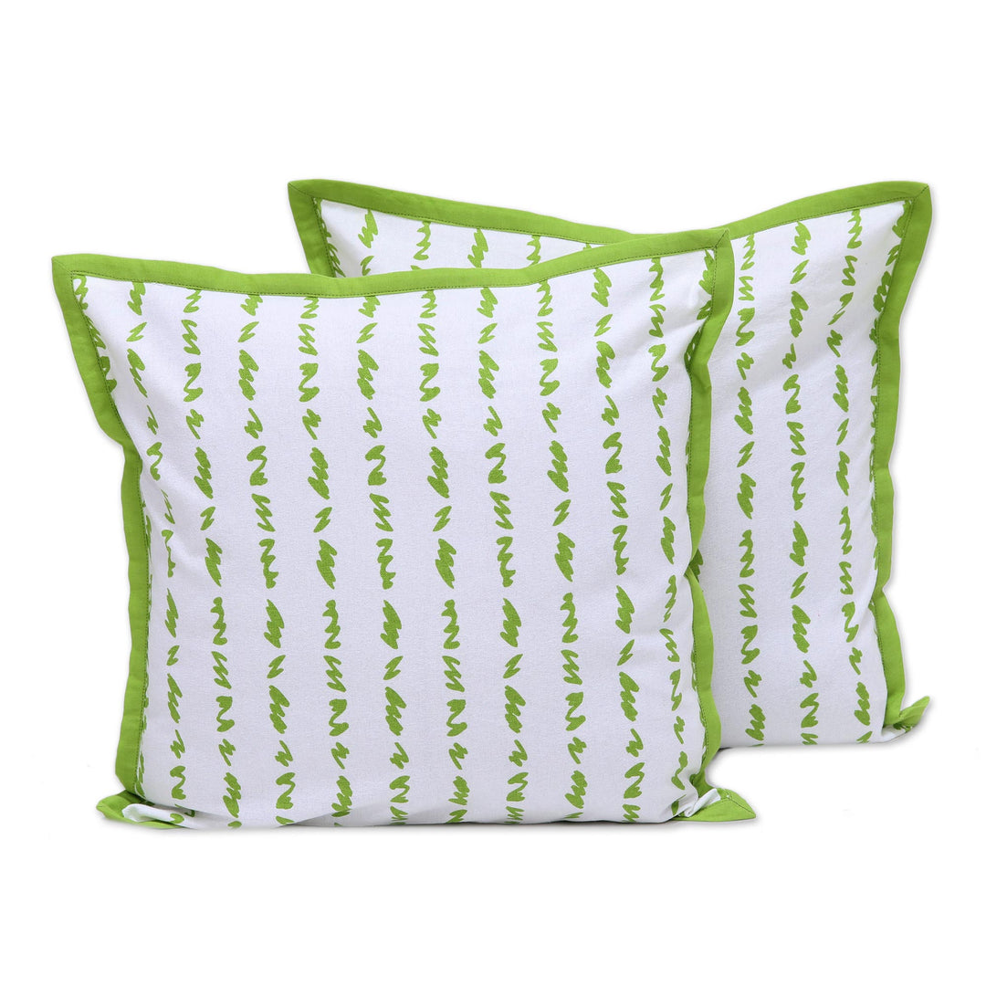 Green and White Cotton Printed Grass Pair of Cushion Covers - Green Grass