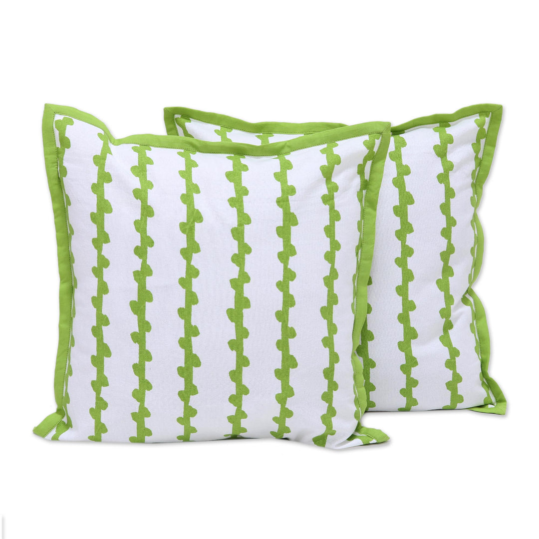 Green and White Cotton Printed Vines Pair of Cushion Covers - Green Vines