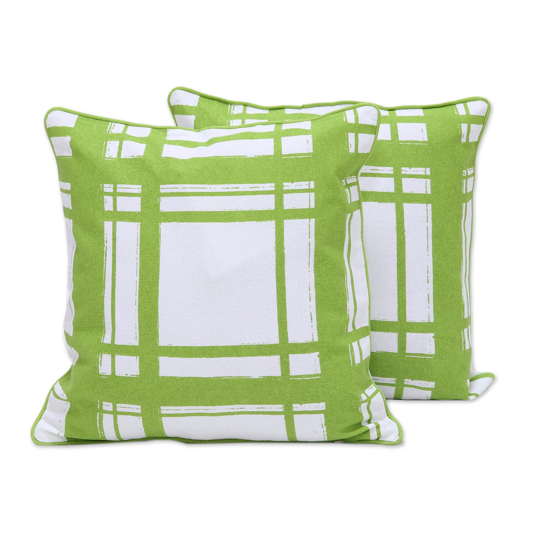 Screen Printed Green 100% Cotton Cushion Cover Pair India - Green Skylight