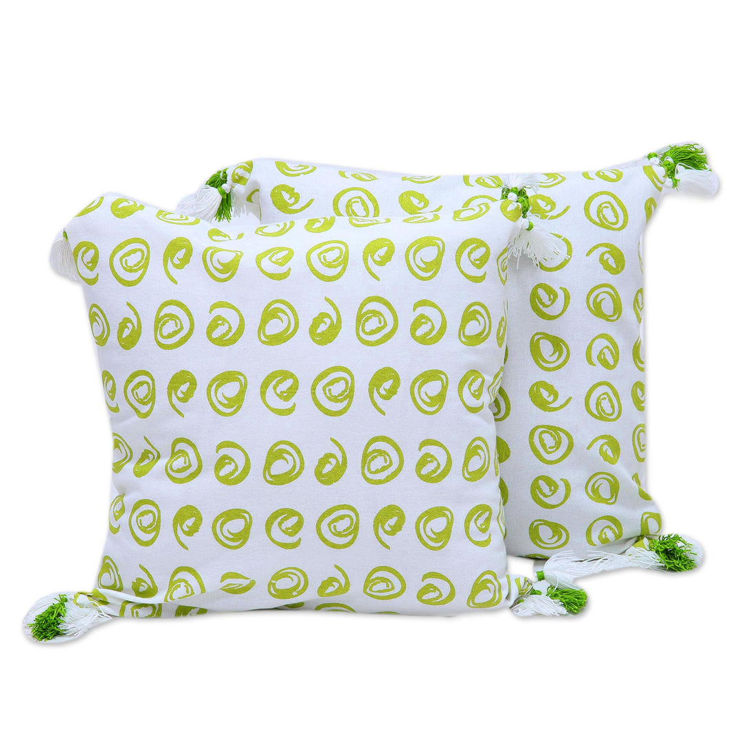 100% Cotton Green and White Print Cushion Covers (Pair) - Forest Swirls