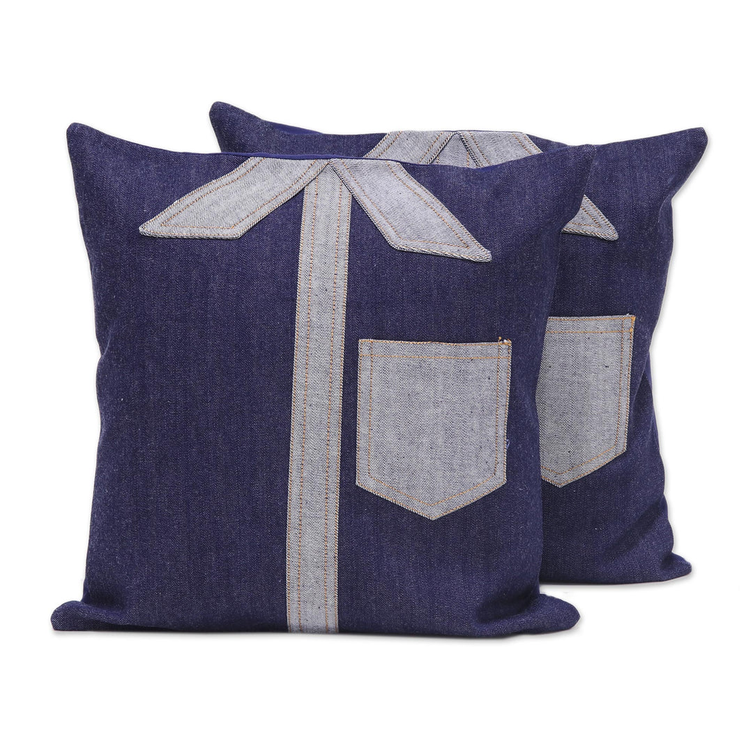 Two Patchwork Shirt Motif Denim Cushion Covers from India - Denim Shirts