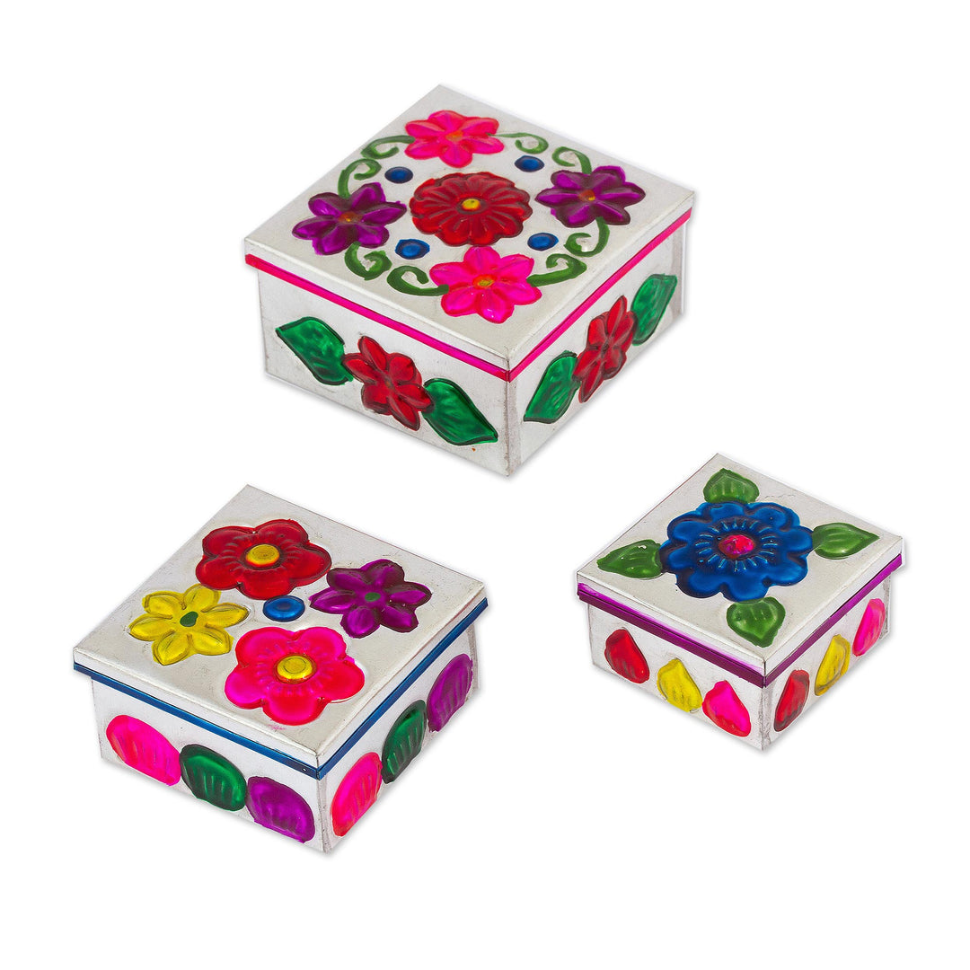 Three Tin Nesting Boxes with Floral Designs from Mexico - Floral Companions