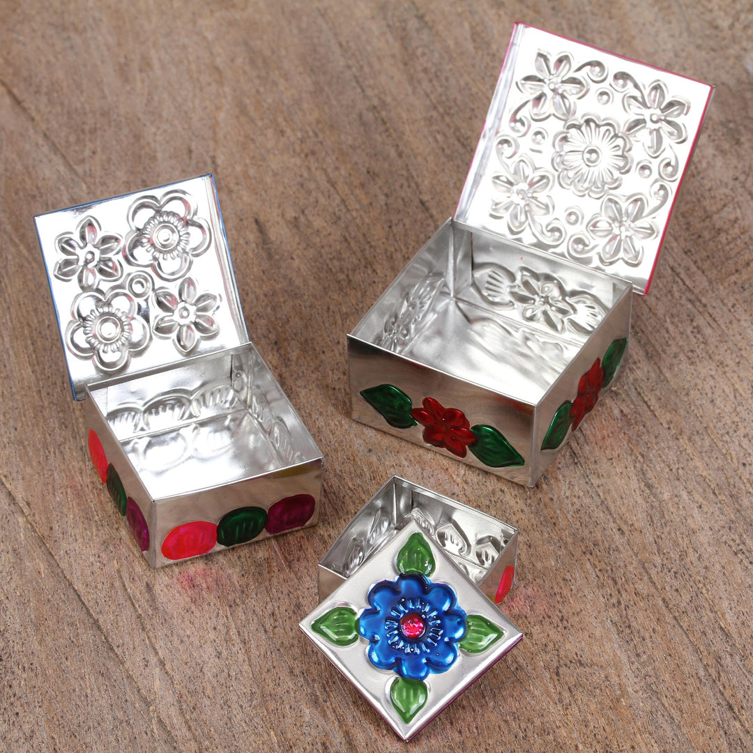 Three Tin Nesting Boxes with Floral Designs from Mexico - Floral Companions