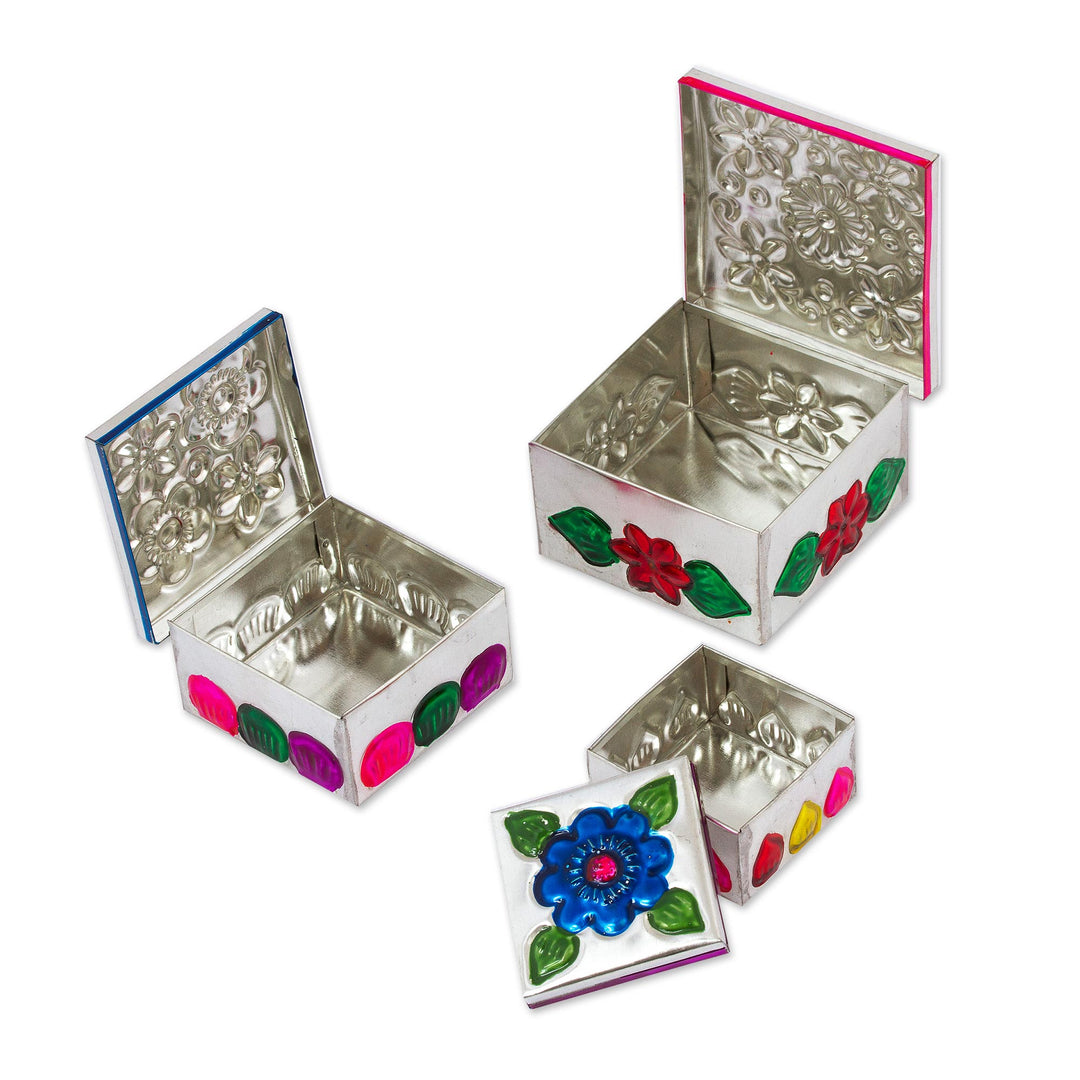 Three Tin Nesting Boxes with Floral Designs from Mexico - Floral Companions
