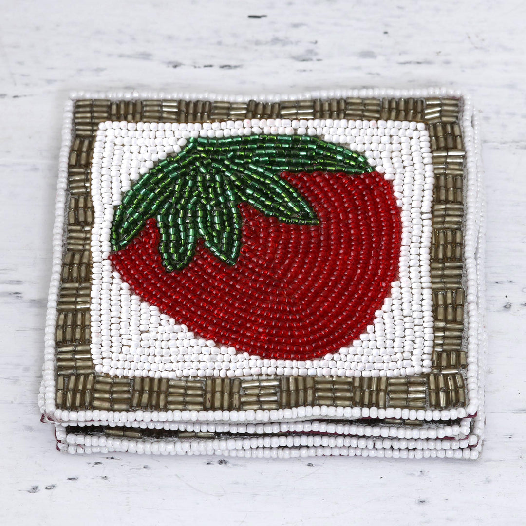 Set of Four Glass Beaded Strawberry Coasters from India - Sweet Strawberry