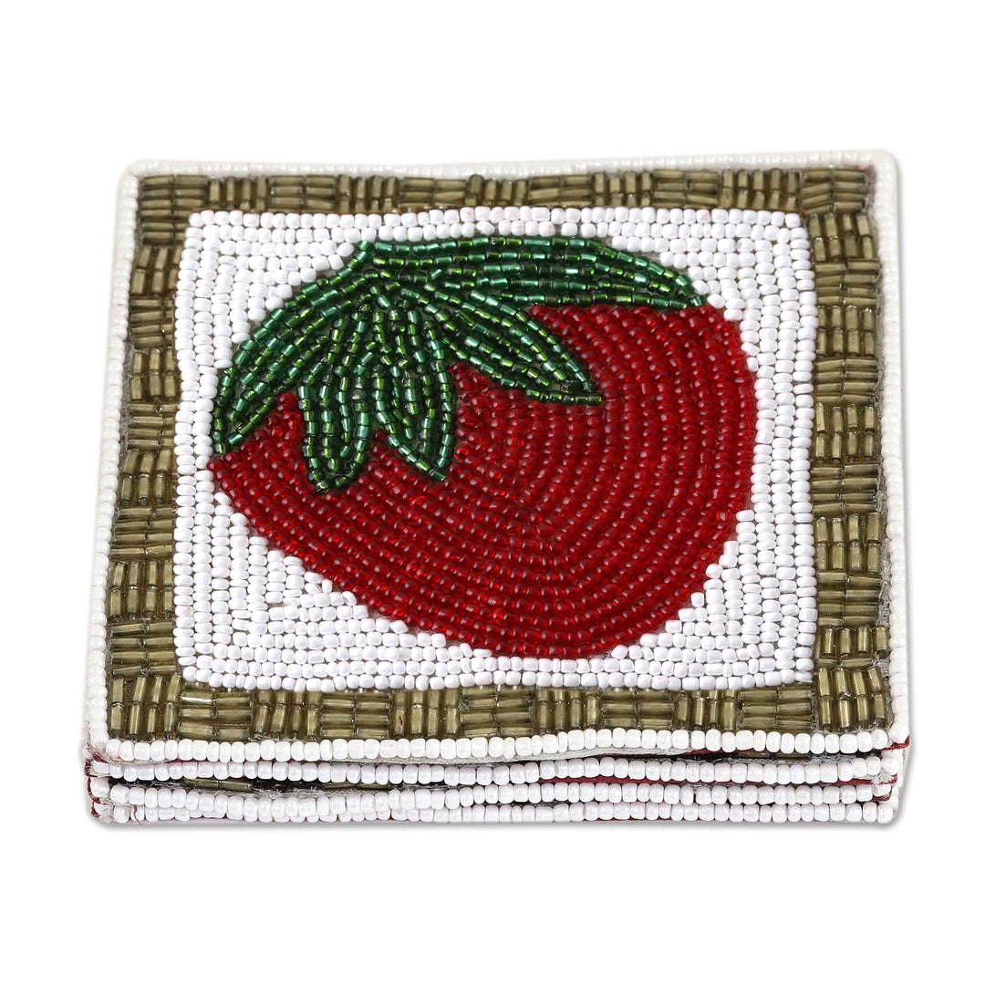 Set of Four Glass Beaded Strawberry Coasters from India - Sweet Strawberry