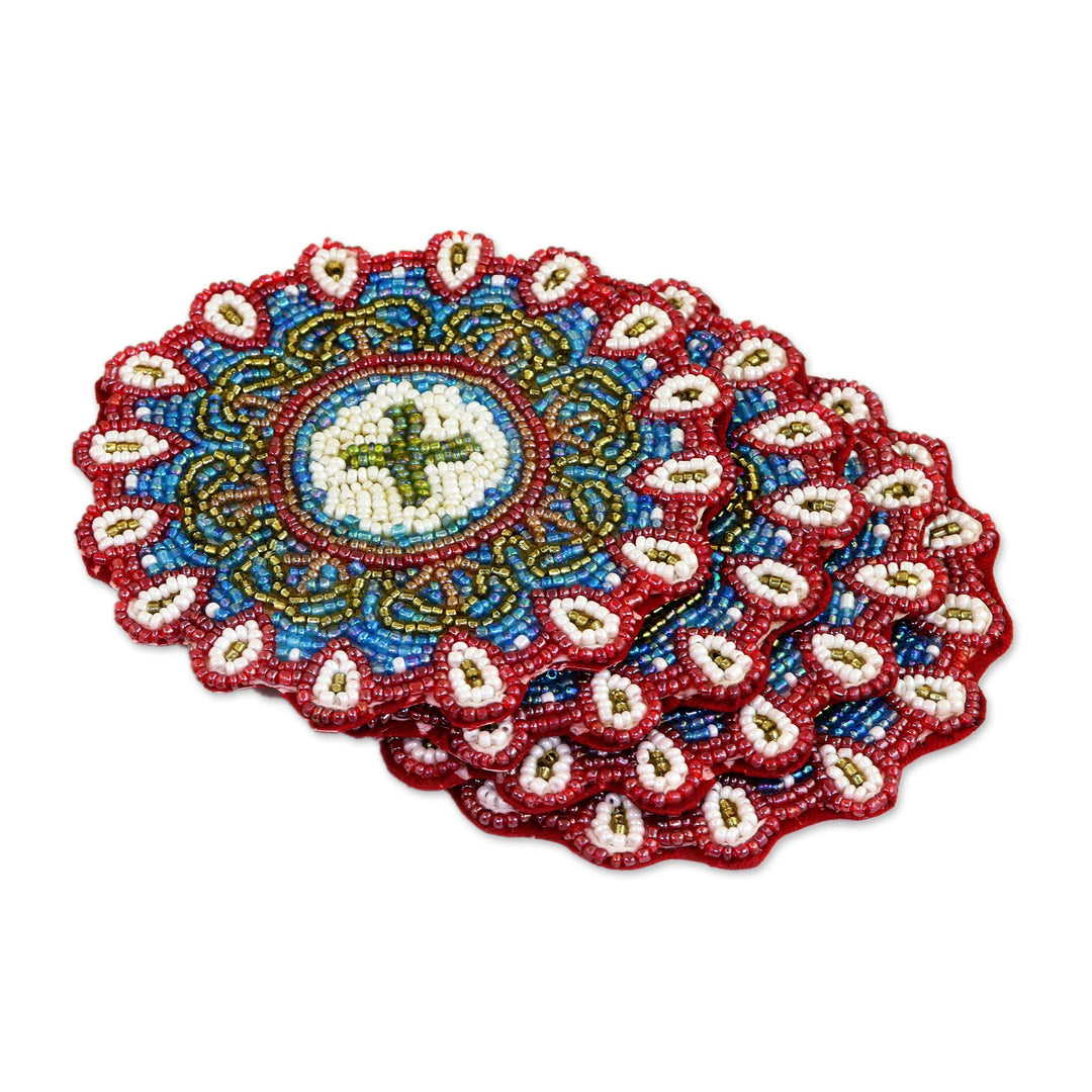 Set of Four Glass Beaded Coasters from India - Floral Brilliance
