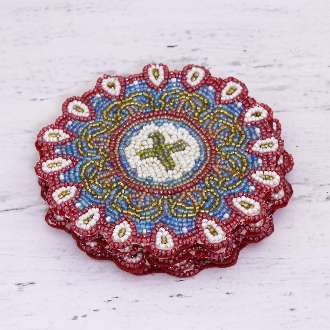 Set of Four Glass Beaded Coasters from India - Floral Brilliance