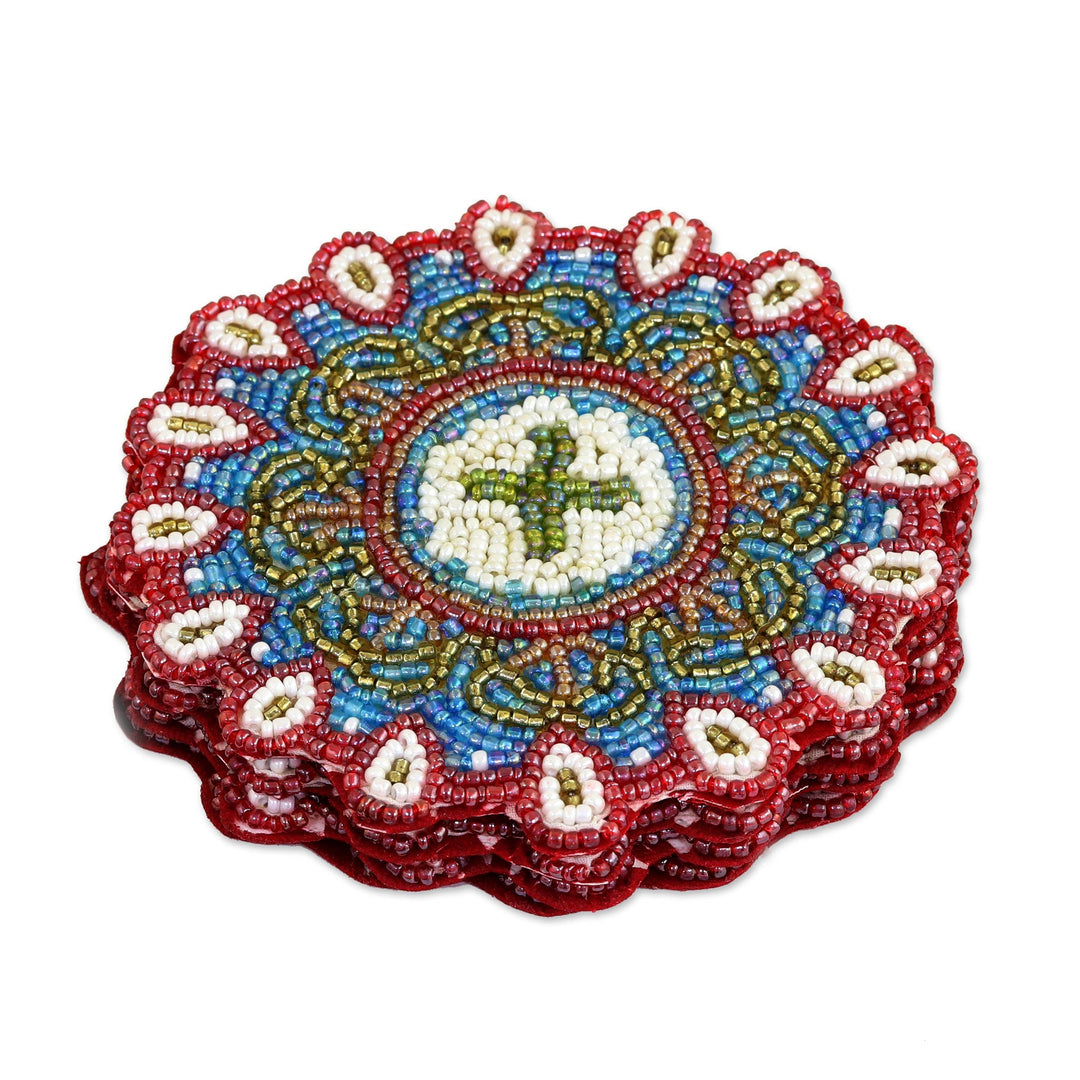 Set of Four Glass Beaded Coasters from India - Floral Brilliance