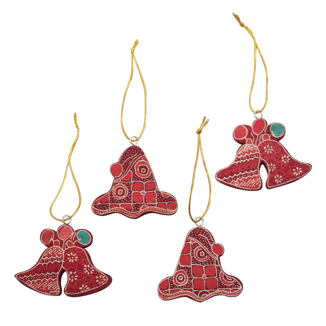 Batik Wadang Wood Bell Ornaments (Set of 4) from Java - Java Jingle