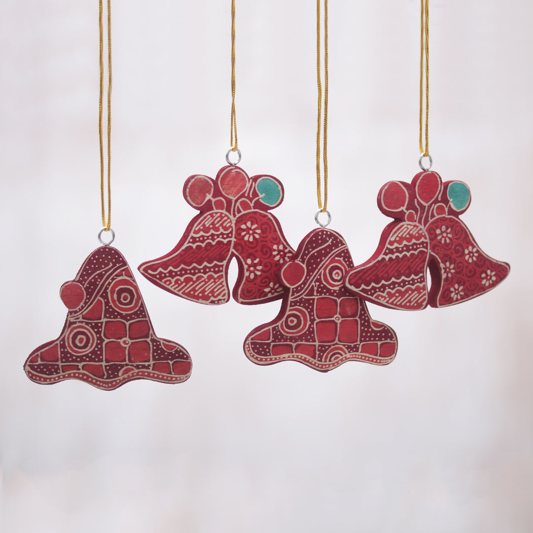 Batik Wadang Wood Bell Ornaments (Set of 4) from Java - Java Jingle