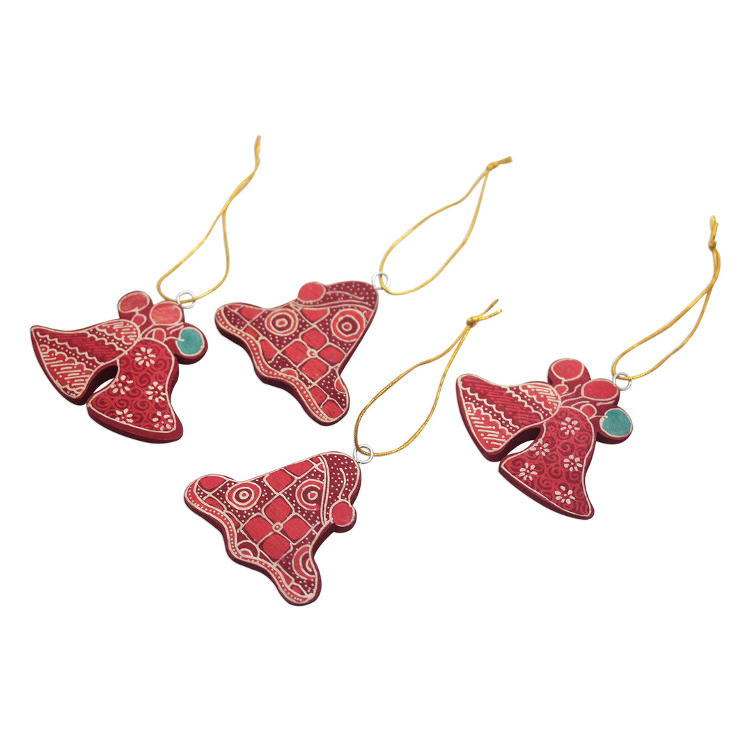 Batik Wadang Wood Bell Ornaments (Set of 4) from Java - Java Jingle