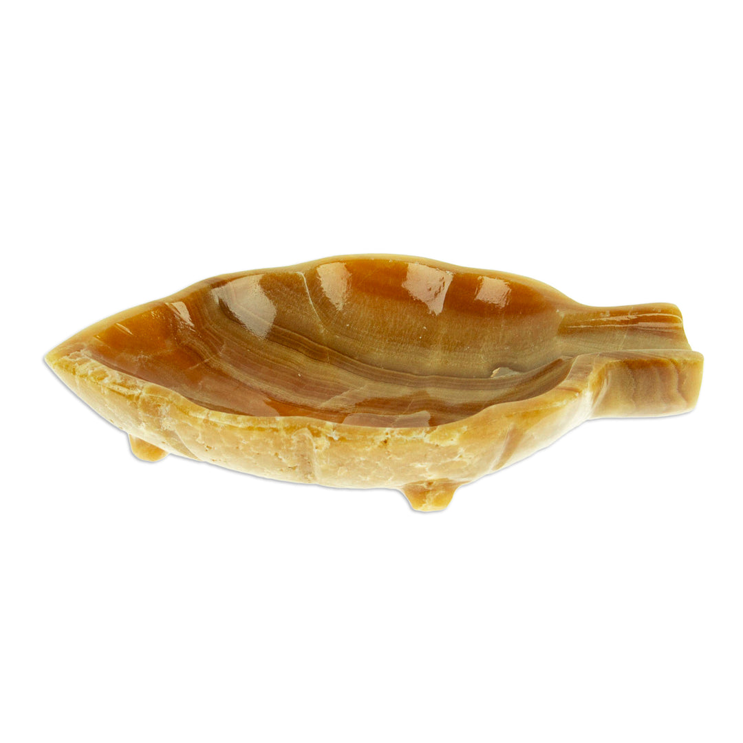 Handcrafted Leaf-Shaped Onyx Catchall in Brown from Mexico - Handy Leaf in Brown