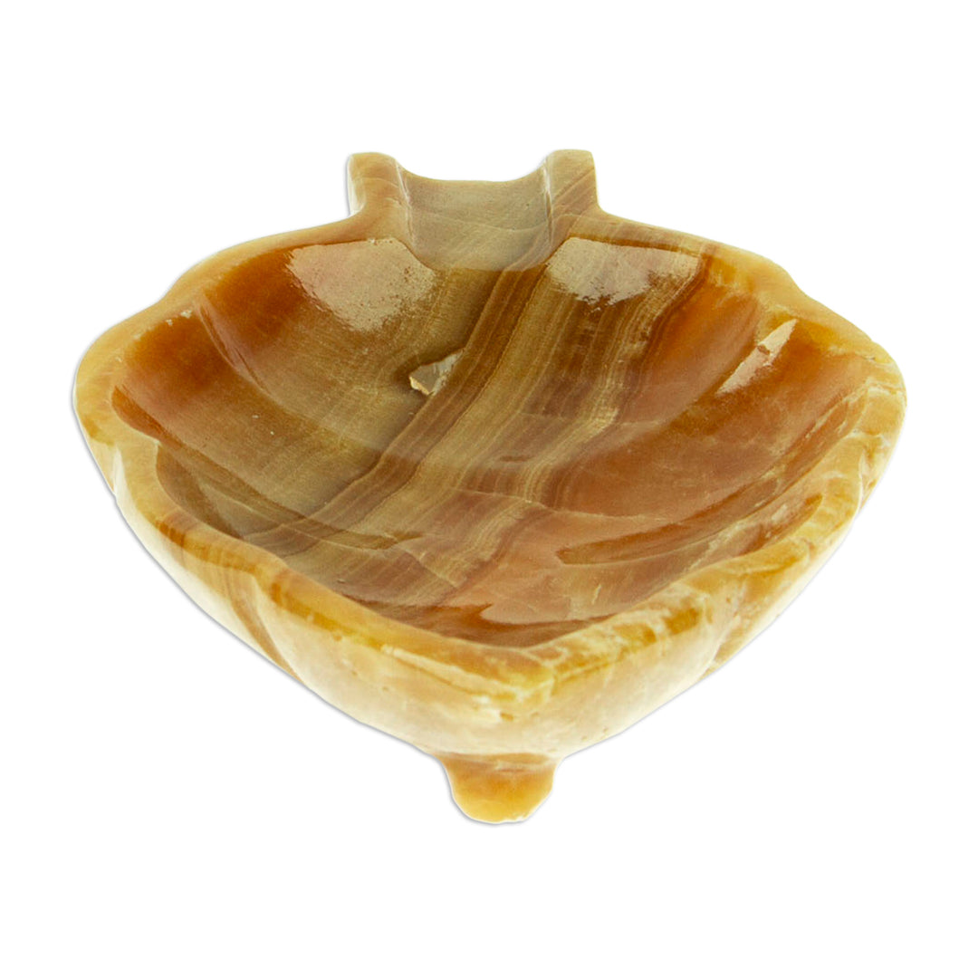 Handcrafted Leaf-Shaped Onyx Catchall in Brown from Mexico - Handy Leaf in Brown