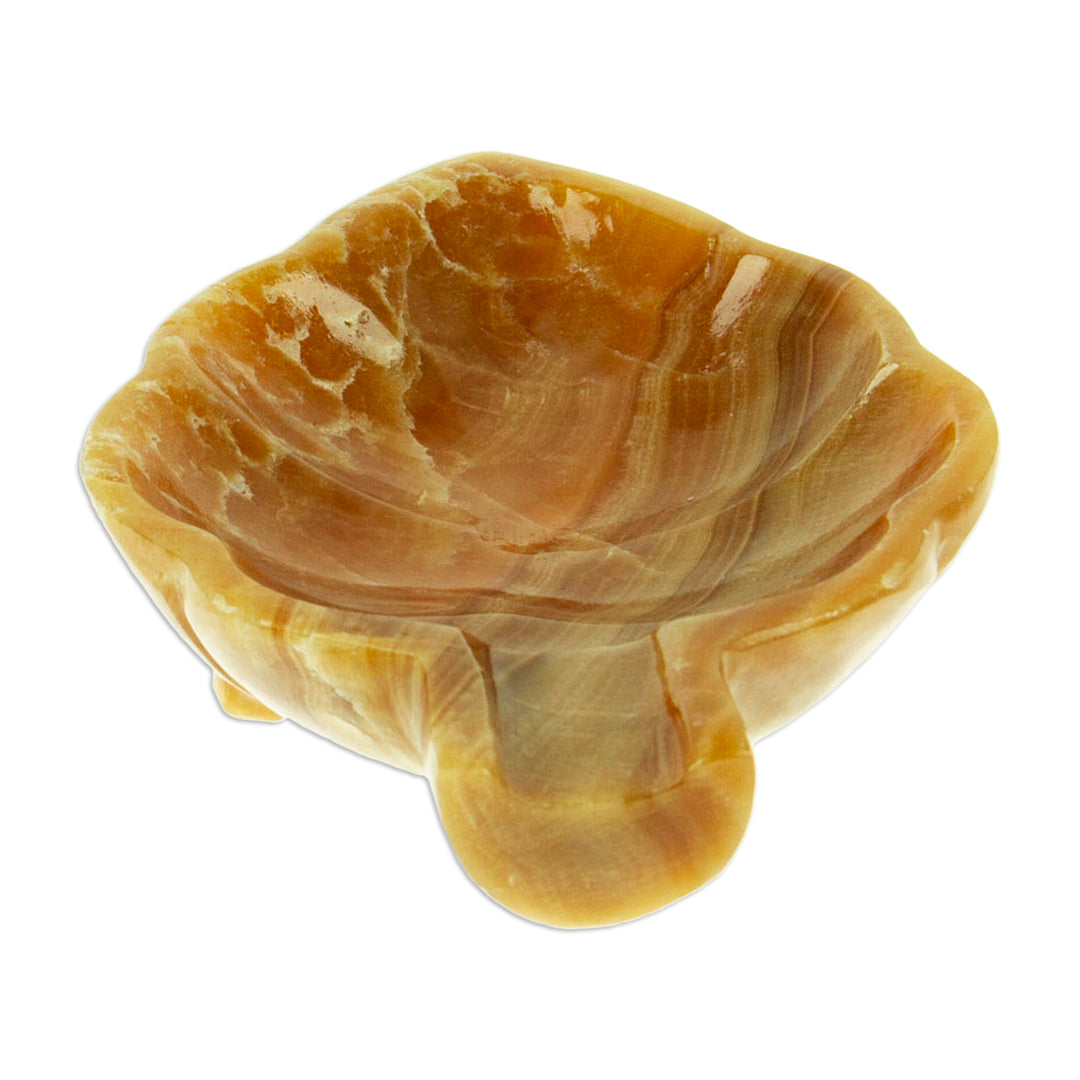 Handcrafted Leaf-Shaped Onyx Catchall in Brown from Mexico - Handy Leaf in Brown