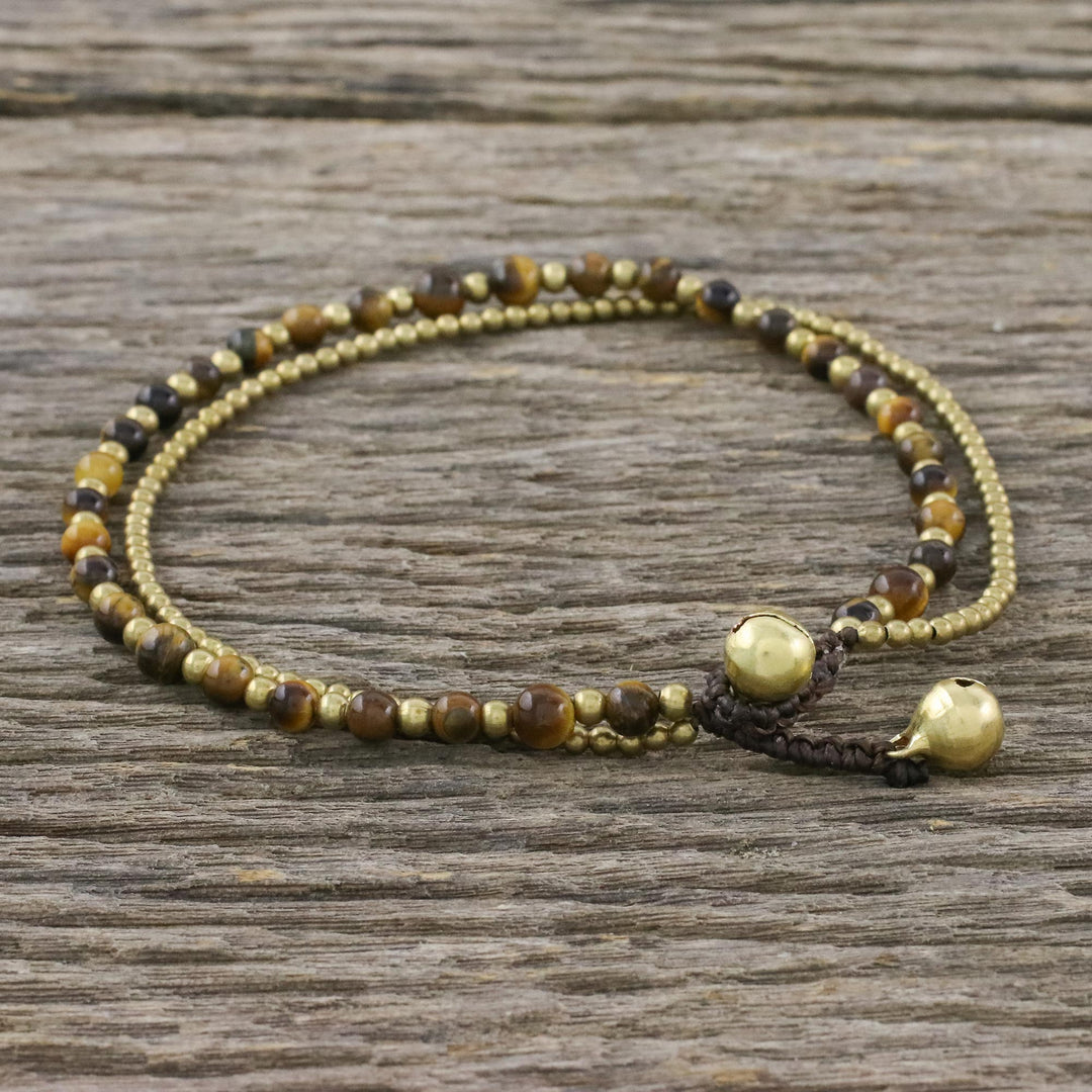 Tiger's Eye and Brass Beaded Anklet from Thailand - Ringing Beauty