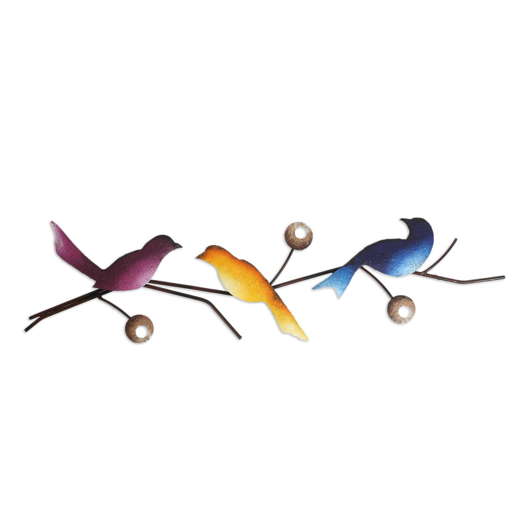 Steel Wall Sculpture of Three Colorful Birds from Mexico - Singing Trio