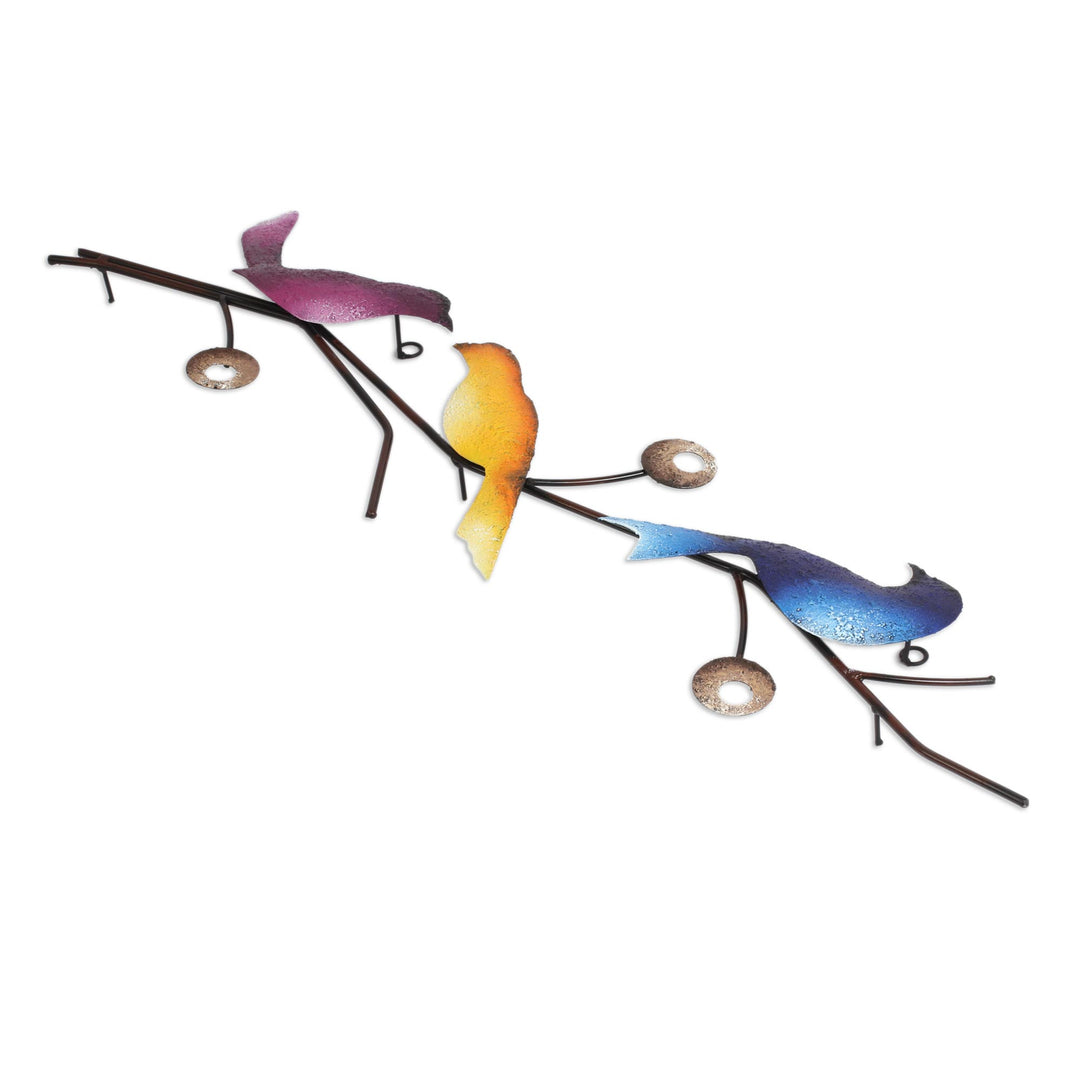 Steel Wall Sculpture of Three Colorful Birds from Mexico - Singing Trio