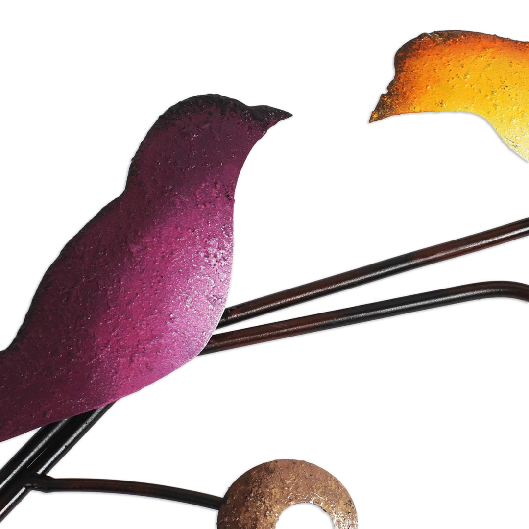 Steel Wall Sculpture of Three Colorful Birds from Mexico - Singing Trio